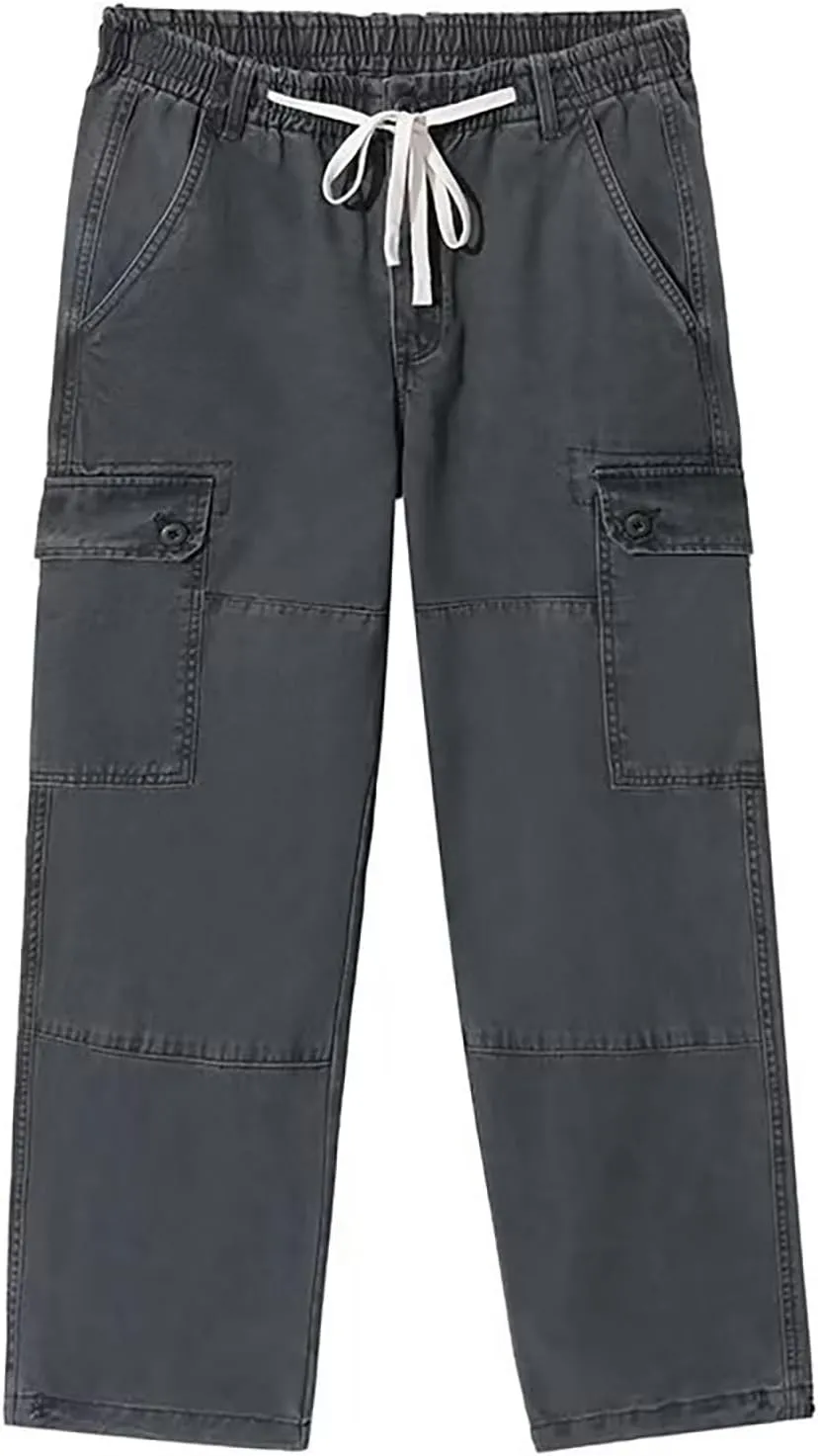 Plus Size Trousers for Men Solid Elastic Waist Drawstring Straight Leg Pants 2025 Fashion Casual Baggy Everyday Pant