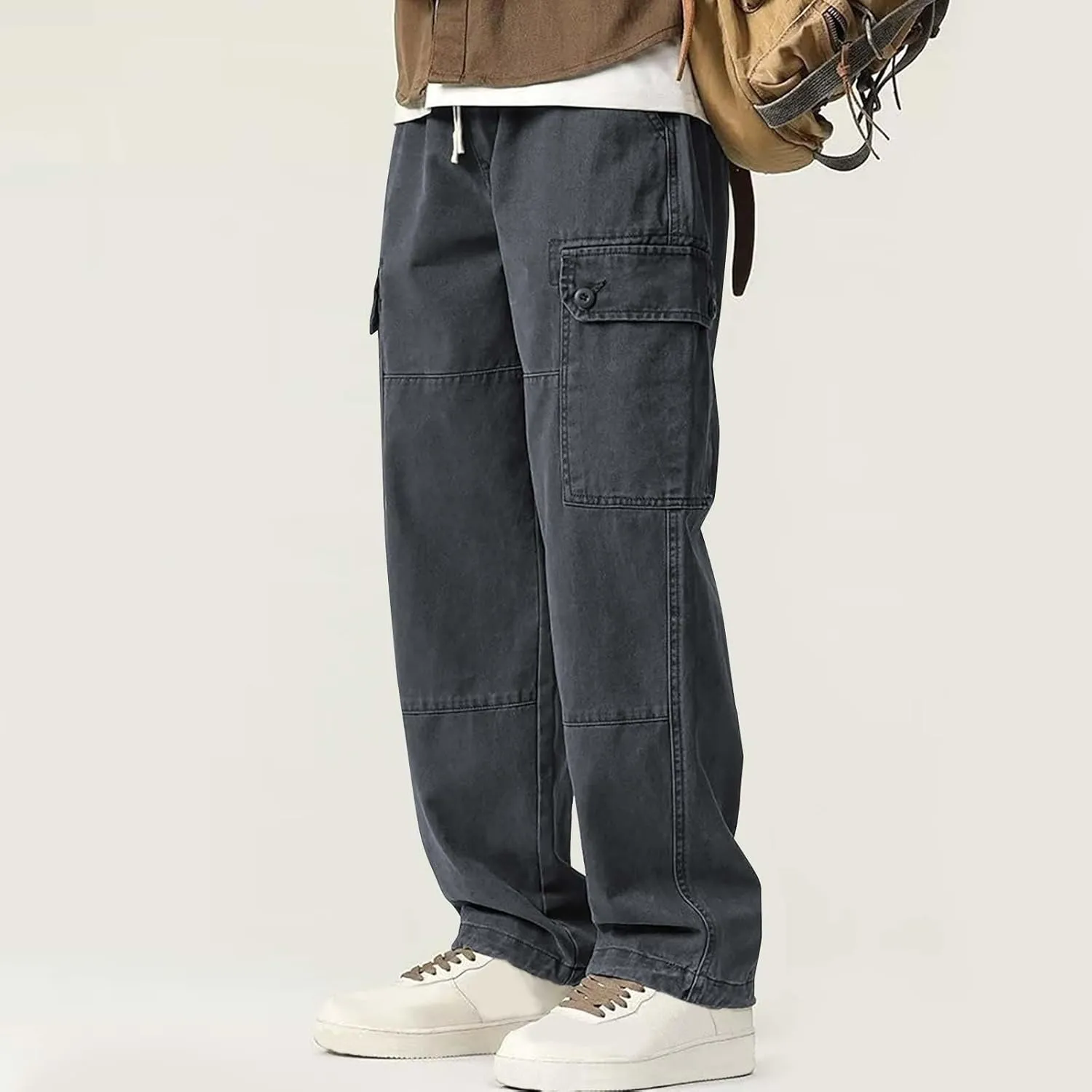 Plus Size Trousers for Men Solid Elastic Waist Drawstring Straight Leg Pants 2025 Fashion Casual Baggy Everyday Pant
