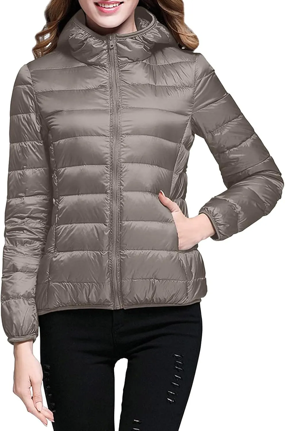 Puffer Jacket Womens with Hood Winter Warm Packable Bubble Jacket Lightweight Slim Fit Short Duck Down Coat