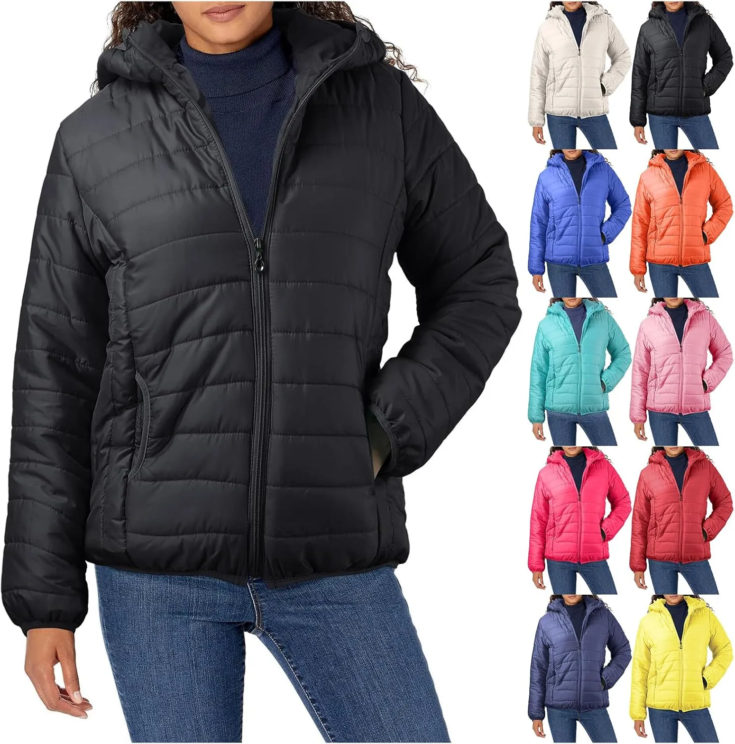 Puffer Jackets for Women Lightweight Quilted Down Coats Casual Zip Up Padded Coats Warm Winter Coats with Hooded