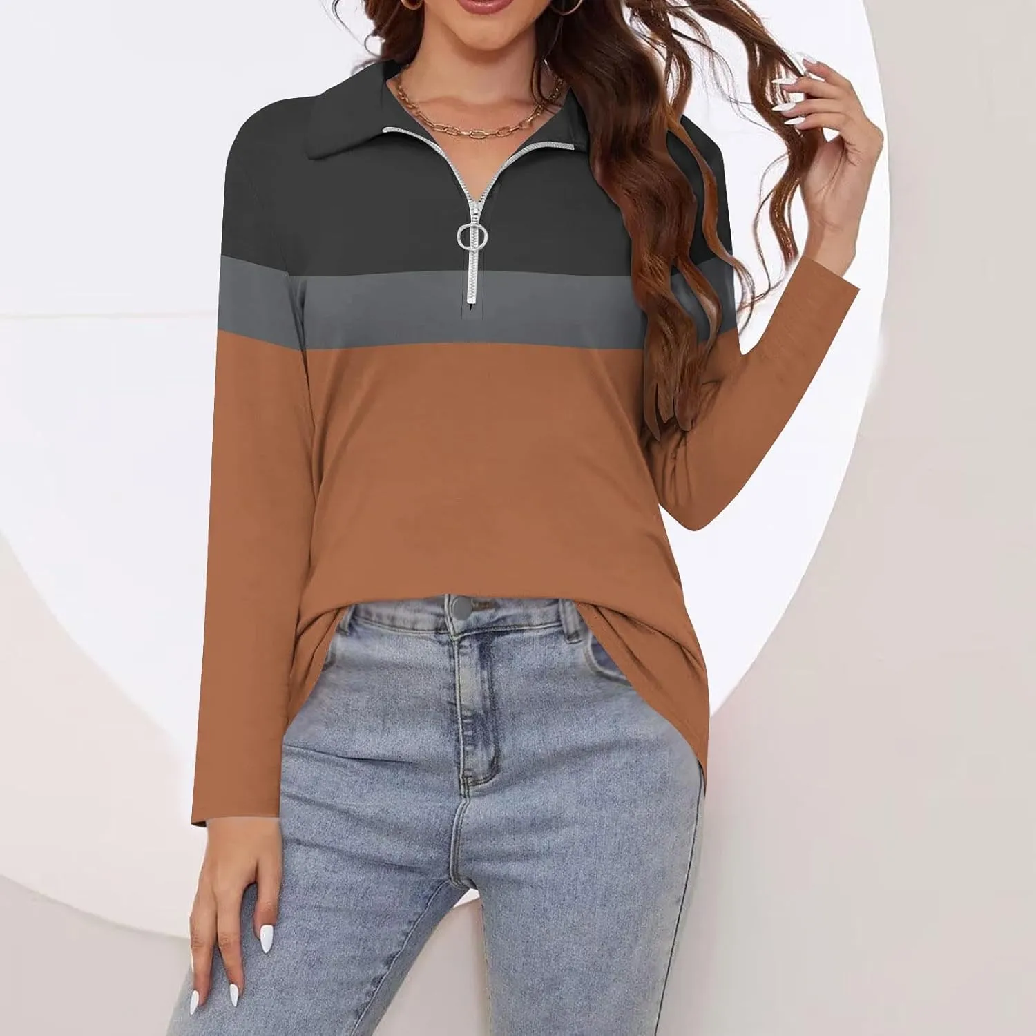 Quarter Zip Pullover Women Long Sleeve Collared Shirts Cozy Soft Tops Pullover Trendy Printed T-Shirts Casual Blouses