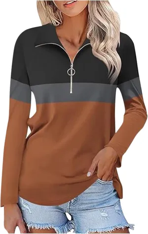 Quarter Zip Pullover Women Long Sleeve Collared Shirts Cozy Soft Tops Pullover Trendy Printed T-Shirts Casual Blouses