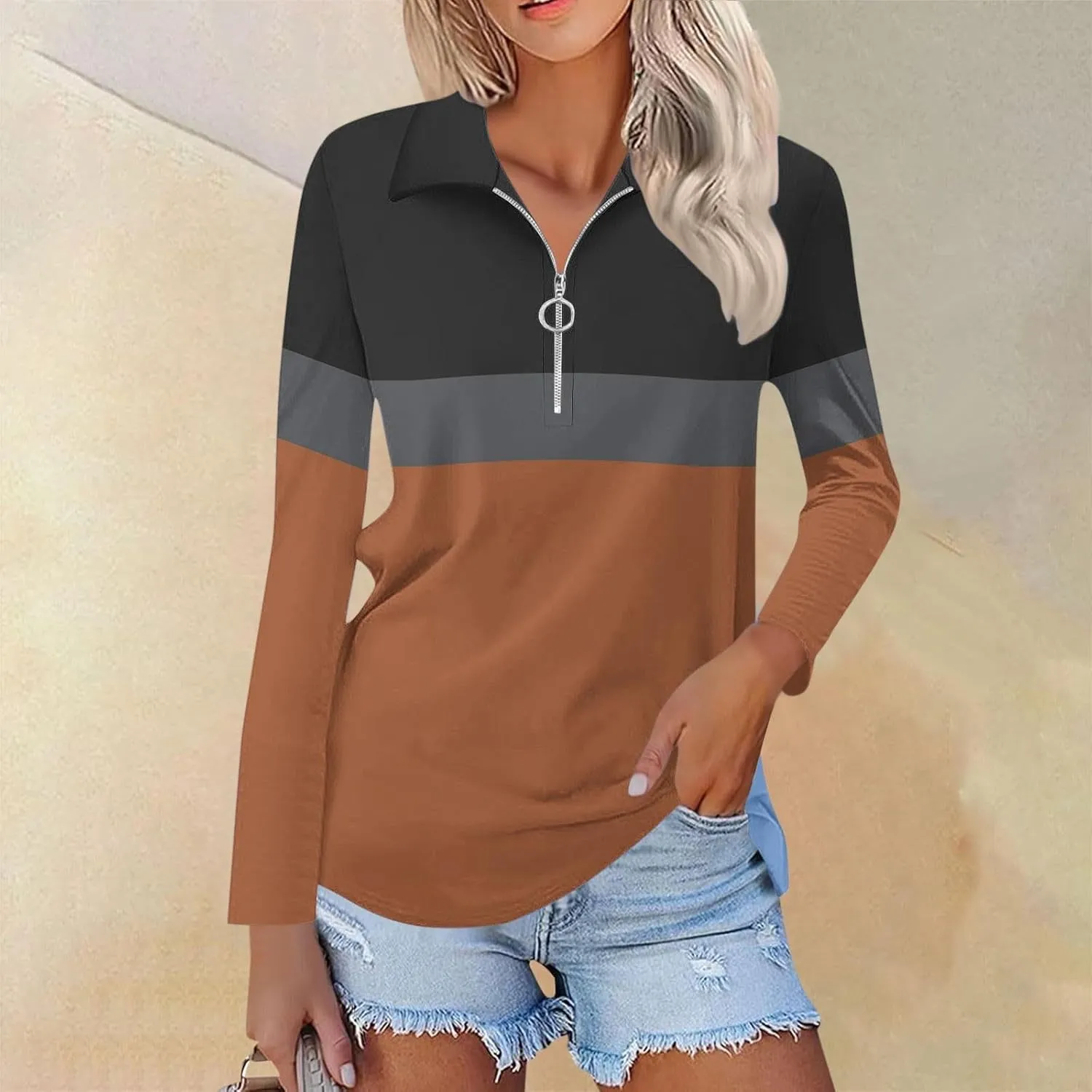 Quarter Zip Pullover Women Long Sleeve Collared Shirts Cozy Soft Tops Pullover Trendy Printed T-Shirts Casual Blouses