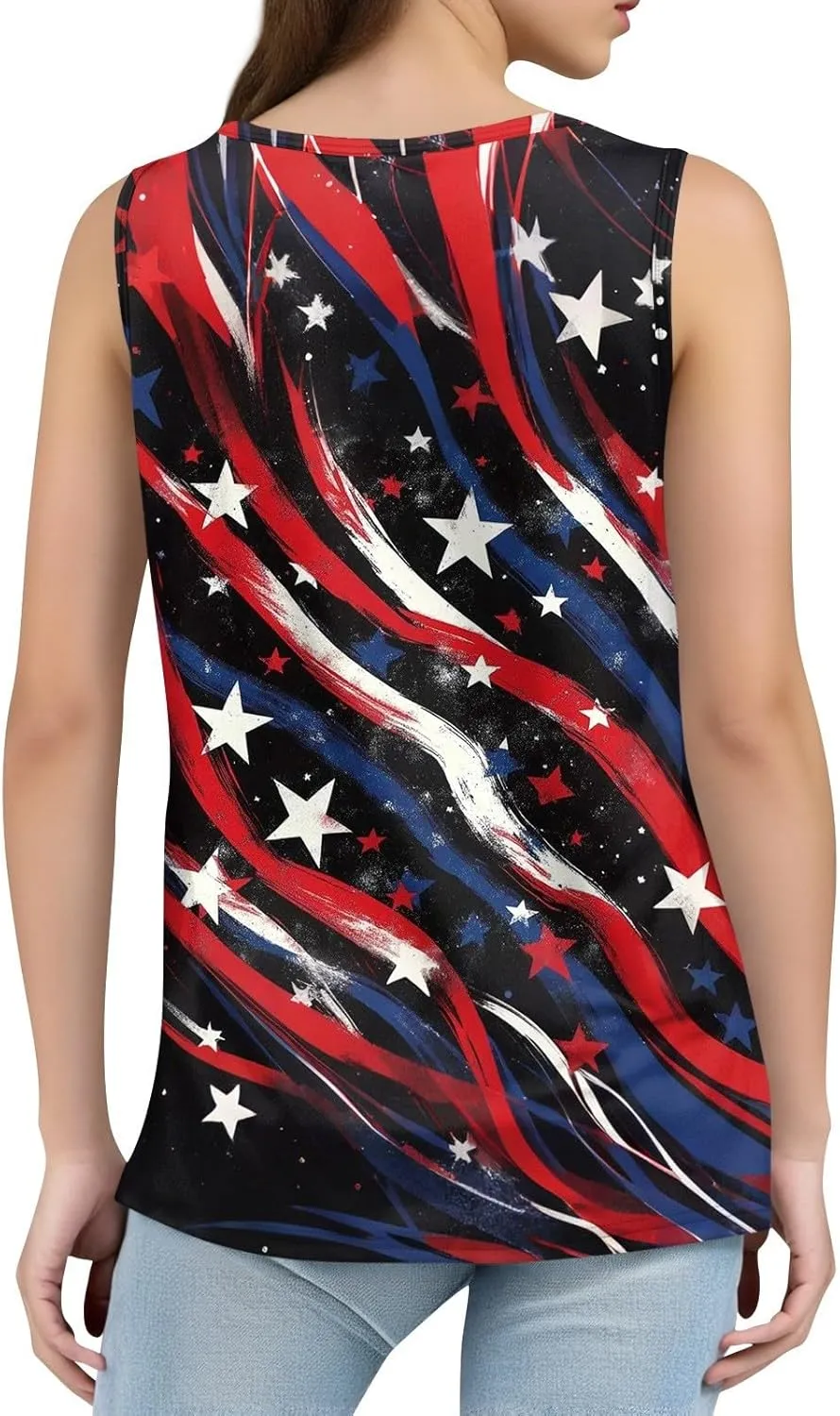 Red White and Blue Tank Top Women Pleated Square Neck Sleeveless Tops Loose Fit Curved Hem Flowy American Flag Shirt