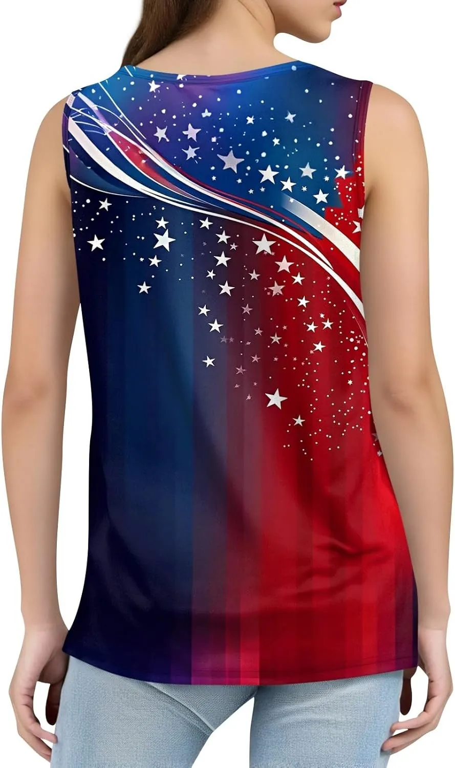 Red White and Blue Tank Top Women Pleated Square Neck Sleeveless Tops Loose Fit Curved Hem Flowy American Flag Shirt