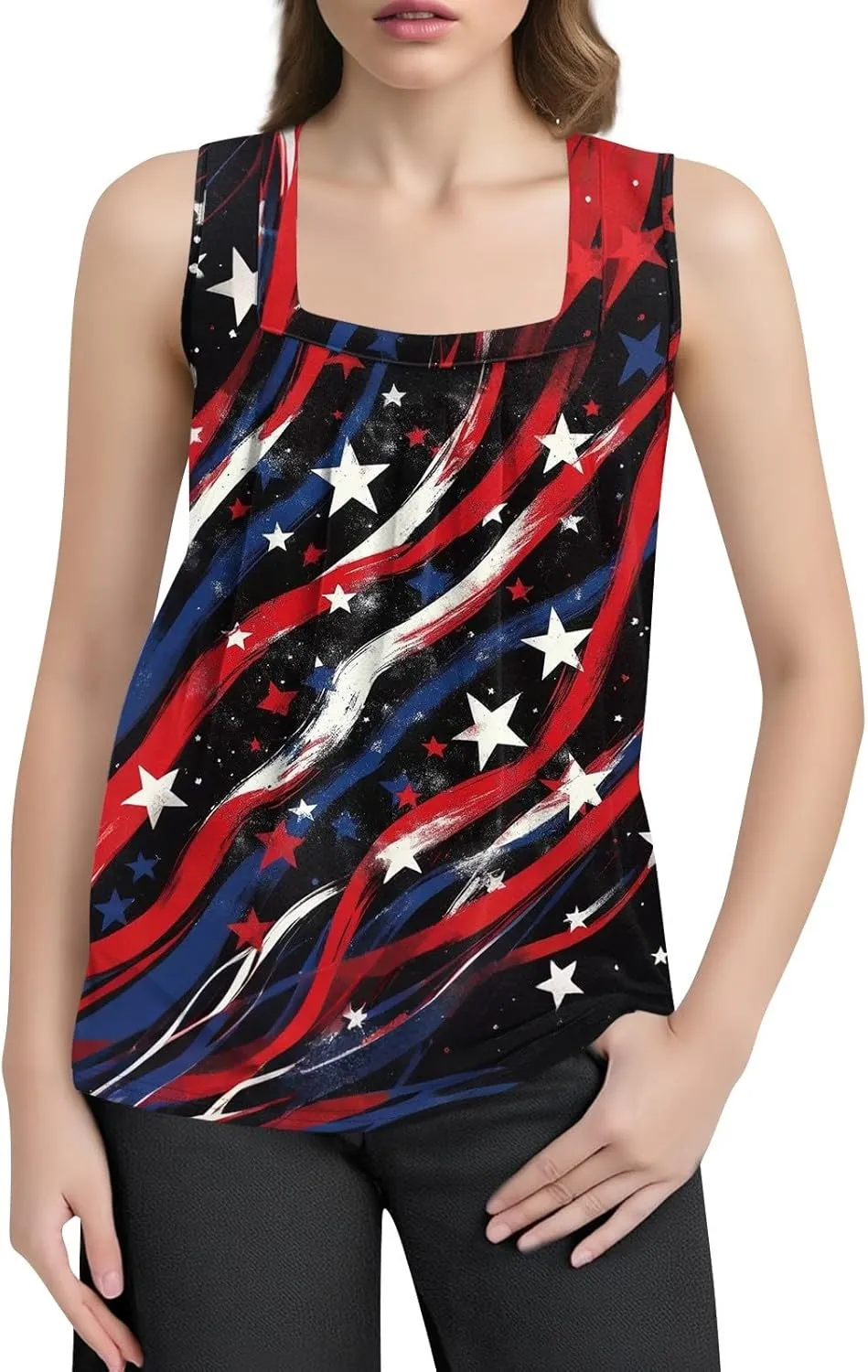 Red White and Blue Tank Top Women Pleated Square Neck Sleeveless Tops Loose Fit Curved Hem Flowy American Flag Shirt