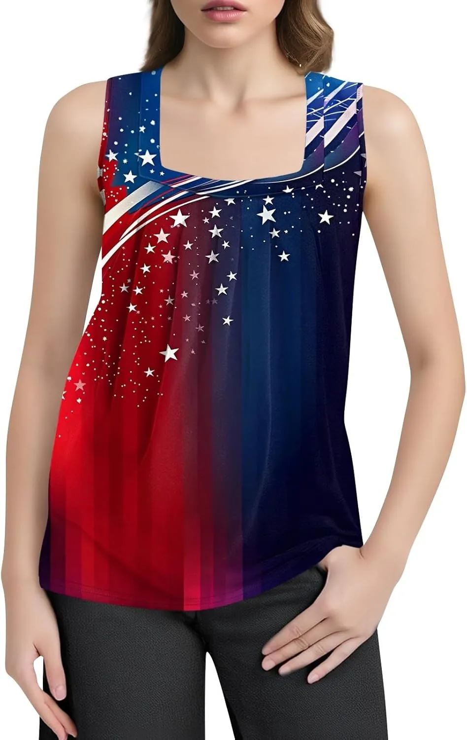 Red White and Blue Tank Top Women Pleated Square Neck Sleeveless Tops Loose Fit Curved Hem Flowy American Flag Shirt