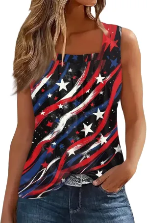 Red White and Blue Tank Top Women Pleated Square Neck Sleeveless Tops Loose Fit Curved Hem Flowy American Flag Shirt