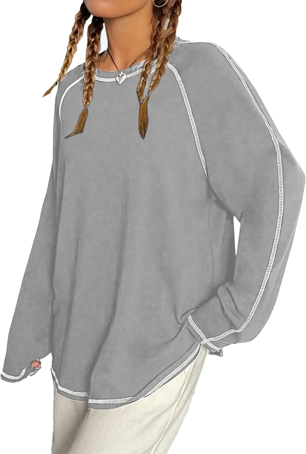 Remidoo Women's Long Sleeve Oversized Tshirt Curved Hem Crewneck Tunic Tops