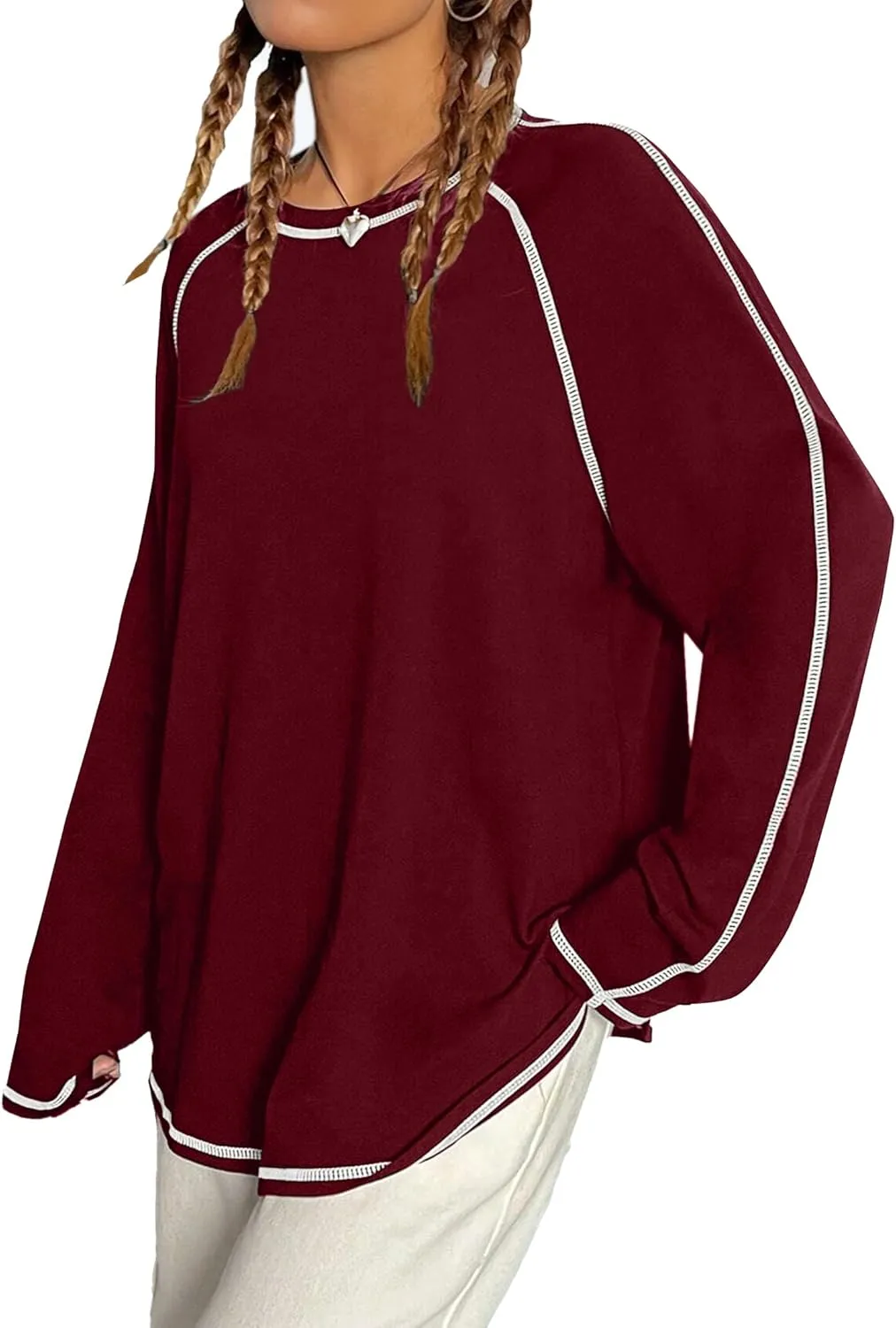Remidoo Women's Long Sleeve Oversized Tshirt Curved Hem Crewneck Tunic Tops