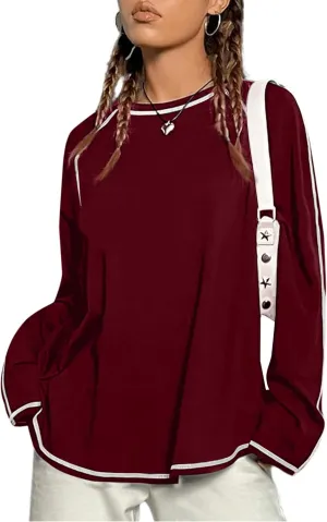 Remidoo Women's Long Sleeve Oversized Tshirt Curved Hem Crewneck Tunic Tops