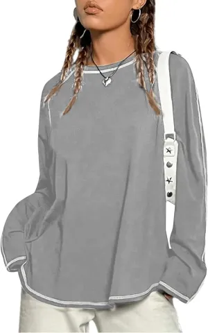 Remidoo Women's Long Sleeve Oversized Tshirt Curved Hem Crewneck Tunic Tops