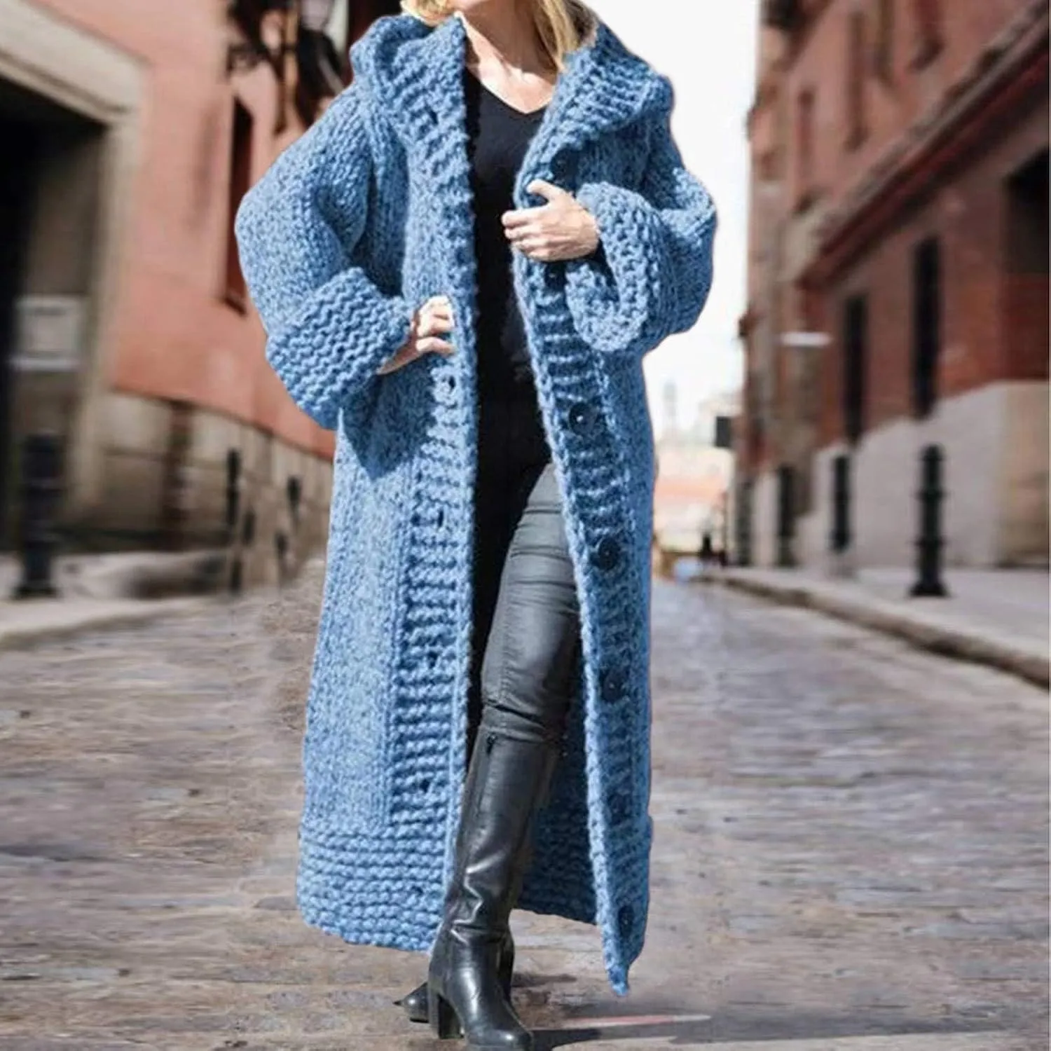 SACFOF Women Hooded Open Front Cardigan Cable Knit Sweaters Winter Solid Color Chunky Button Long Sweater Coats