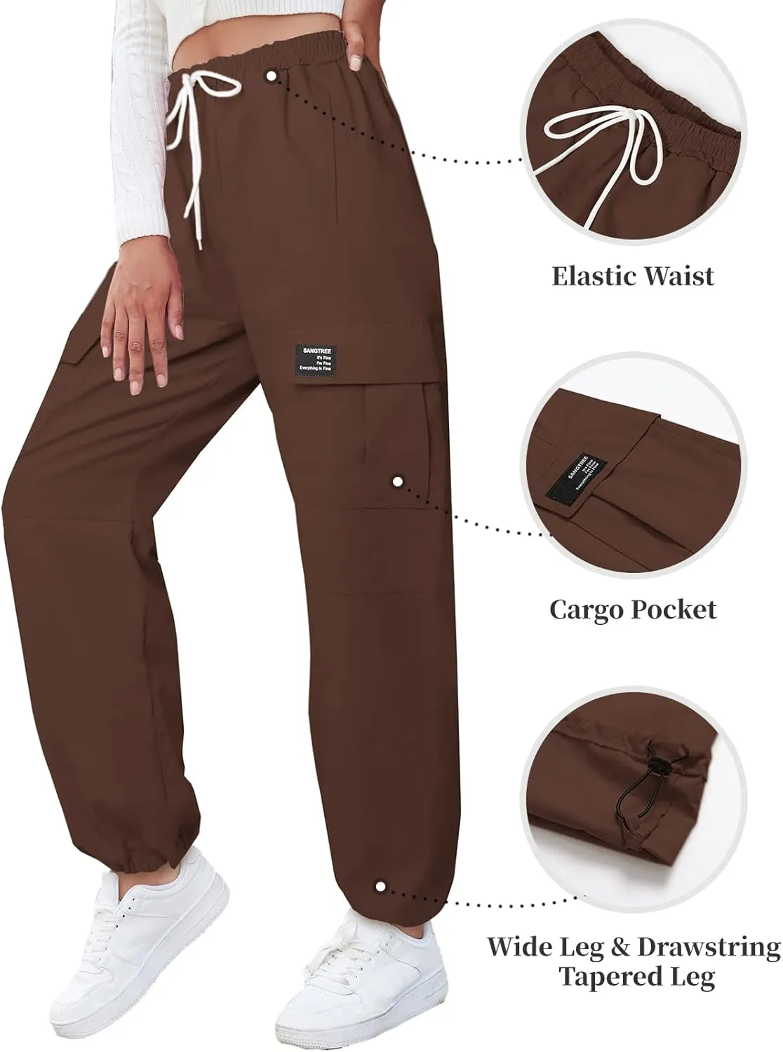 SANGTREE Girl's Womens Cargo Pants High Waisted Adjustable Wide Leg Pants