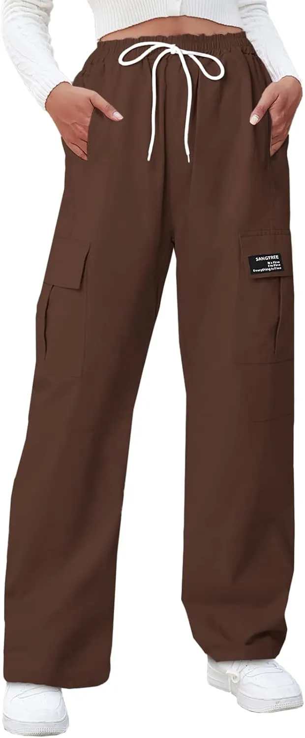 SANGTREE Girl's Womens Cargo Pants High Waisted Adjustable Wide Leg Pants