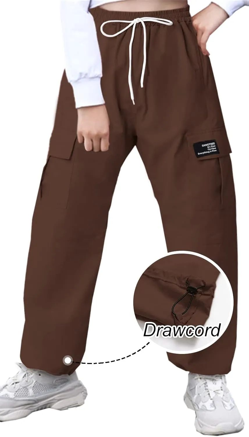 SANGTREE Girl's Womens Cargo Pants High Waisted Adjustable Wide Leg Pants
