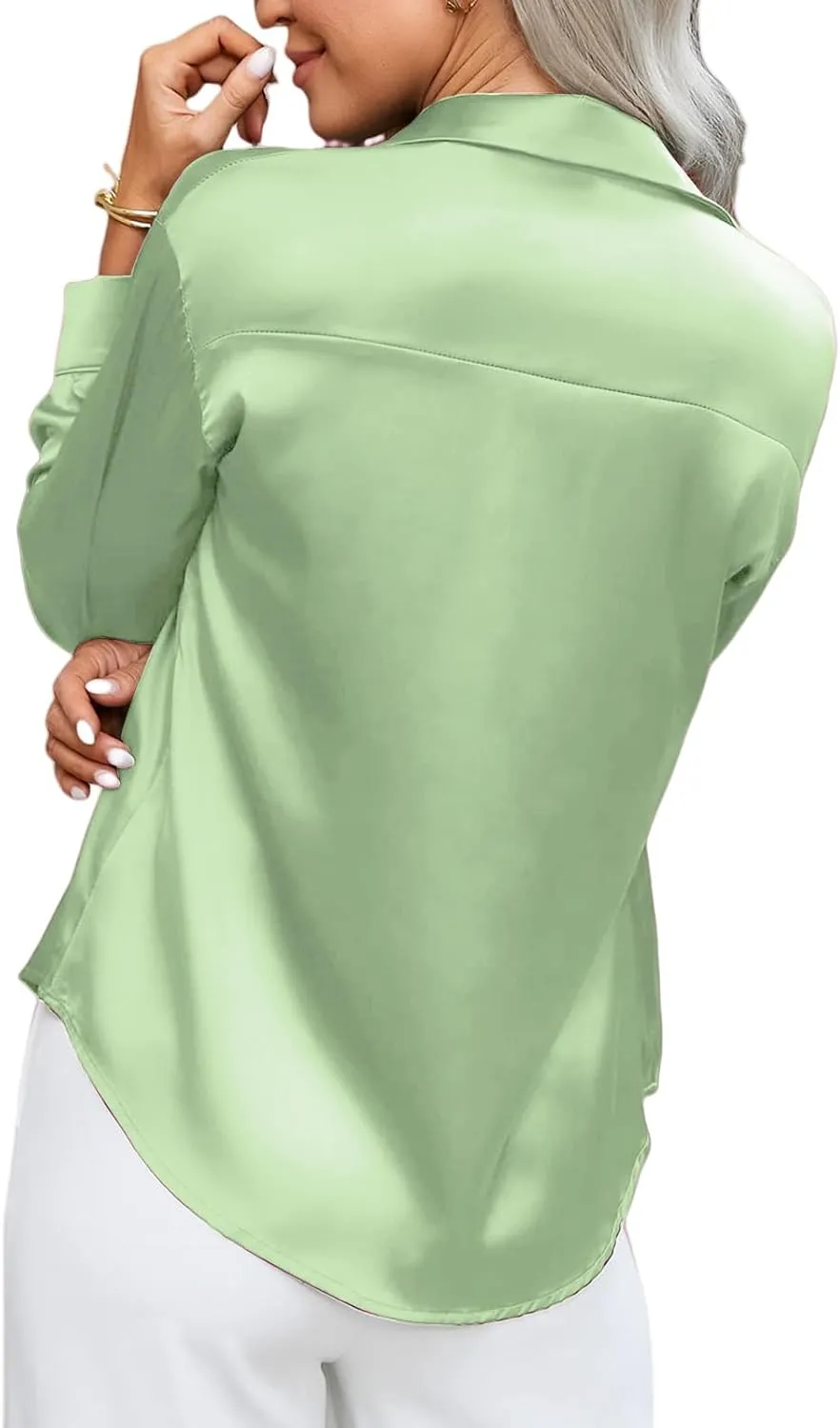 Satin Blouses for Women Dressy Silk Lapel Button Down Long Sleeve Shirts Casual Loose Solid Color Office Work Shirt