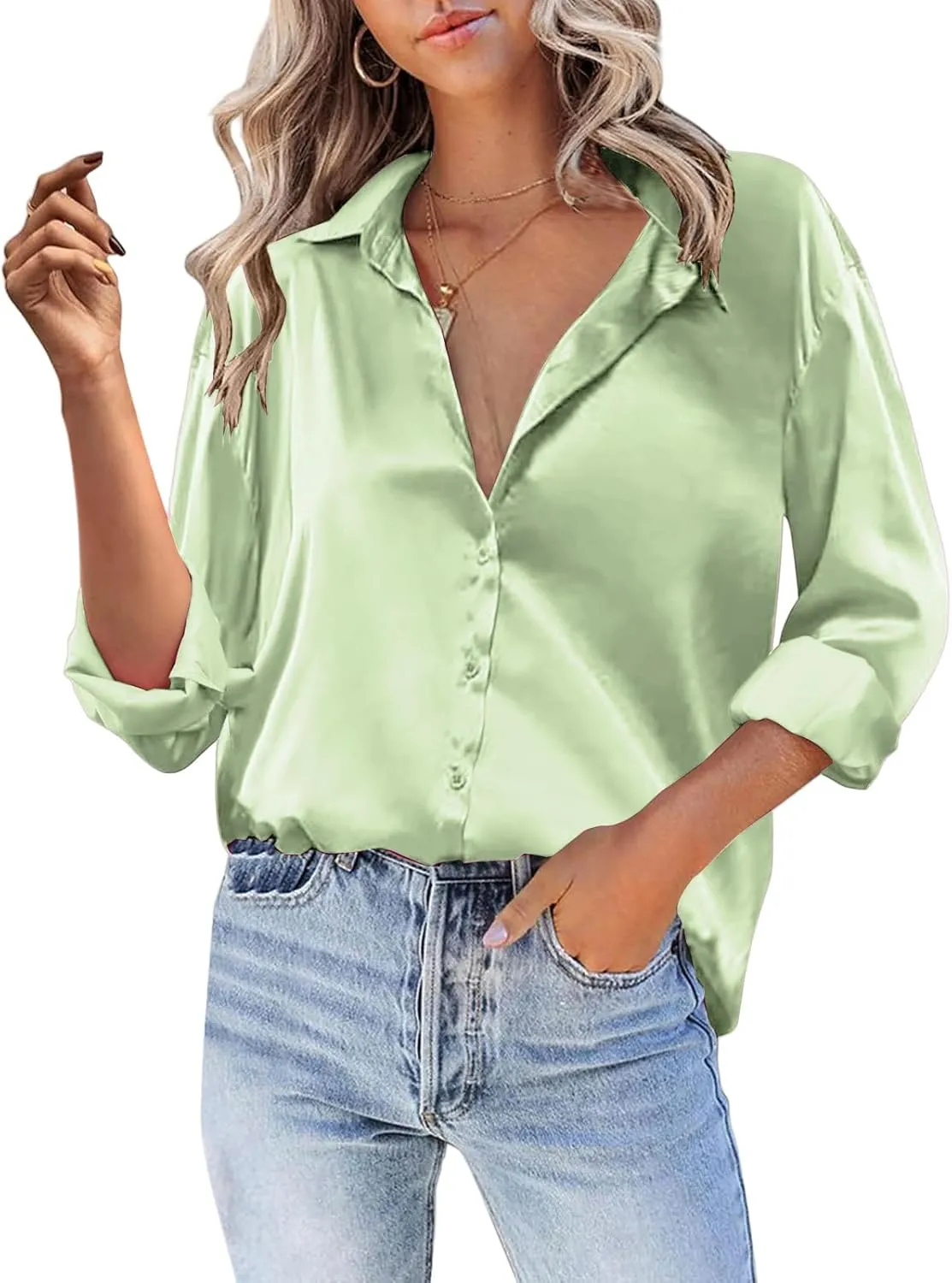 Satin Blouses for Women Dressy Silk Lapel Button Down Long Sleeve Shirts Casual Loose Solid Color Office Work Shirt
