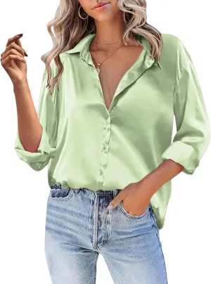 Satin Blouses for Women Dressy Silk Lapel Button Down Long Sleeve Shirts Casual Loose Solid Color Office Work Shirt