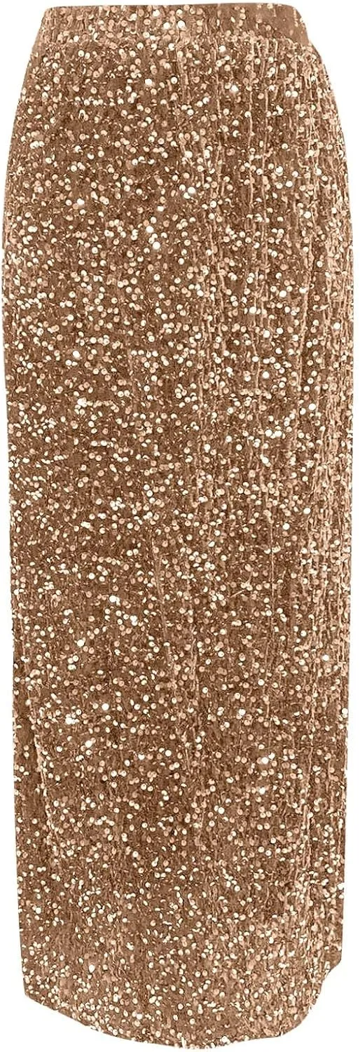 Sequin Skirt for Women-Stretchy Bodycon Women Elastic Waist Elastic Straight Long Skirt Swing A line Holiday Skirts