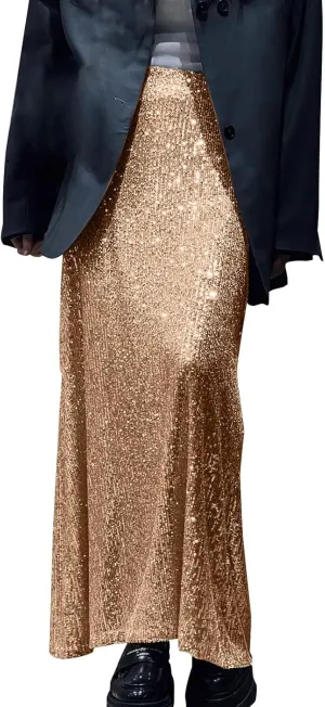 Sequin Skirt for Women-Stretchy Bodycon Women Elastic Waist Elastic Straight Long Skirt Swing A line Holiday Skirts