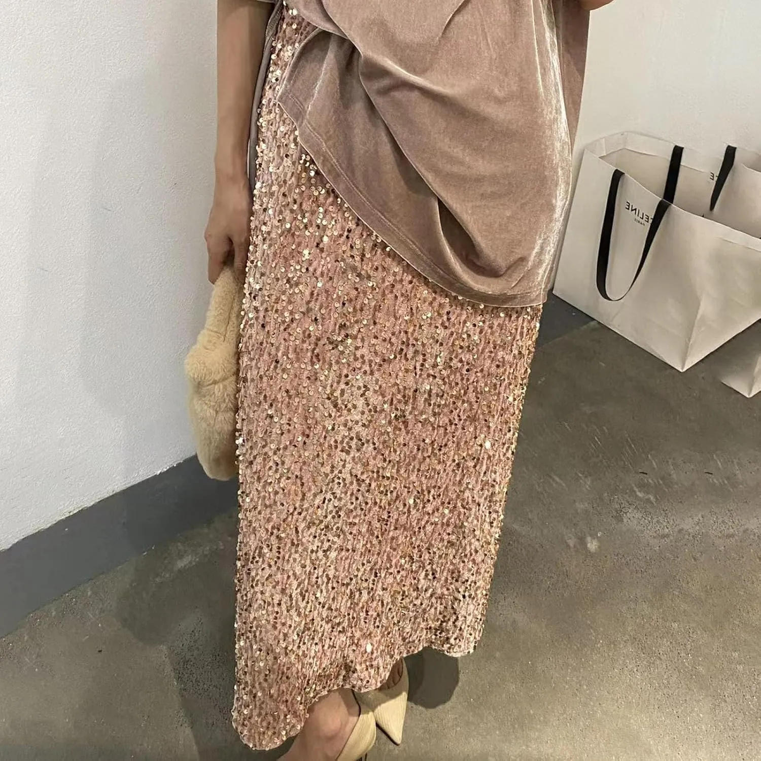 Sequin Skirt for Women-Stretchy Bodycon Women Elastic Waist Elastic Straight Long Skirt Swing A line Holiday Skirts