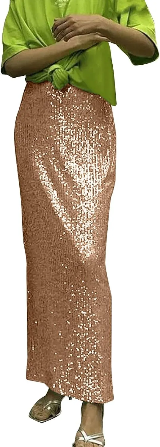 Sequin Skirt for Women-Stretchy Bodycon Women Elastic Waist Elastic Straight Long Skirt Swing A line Holiday Skirts