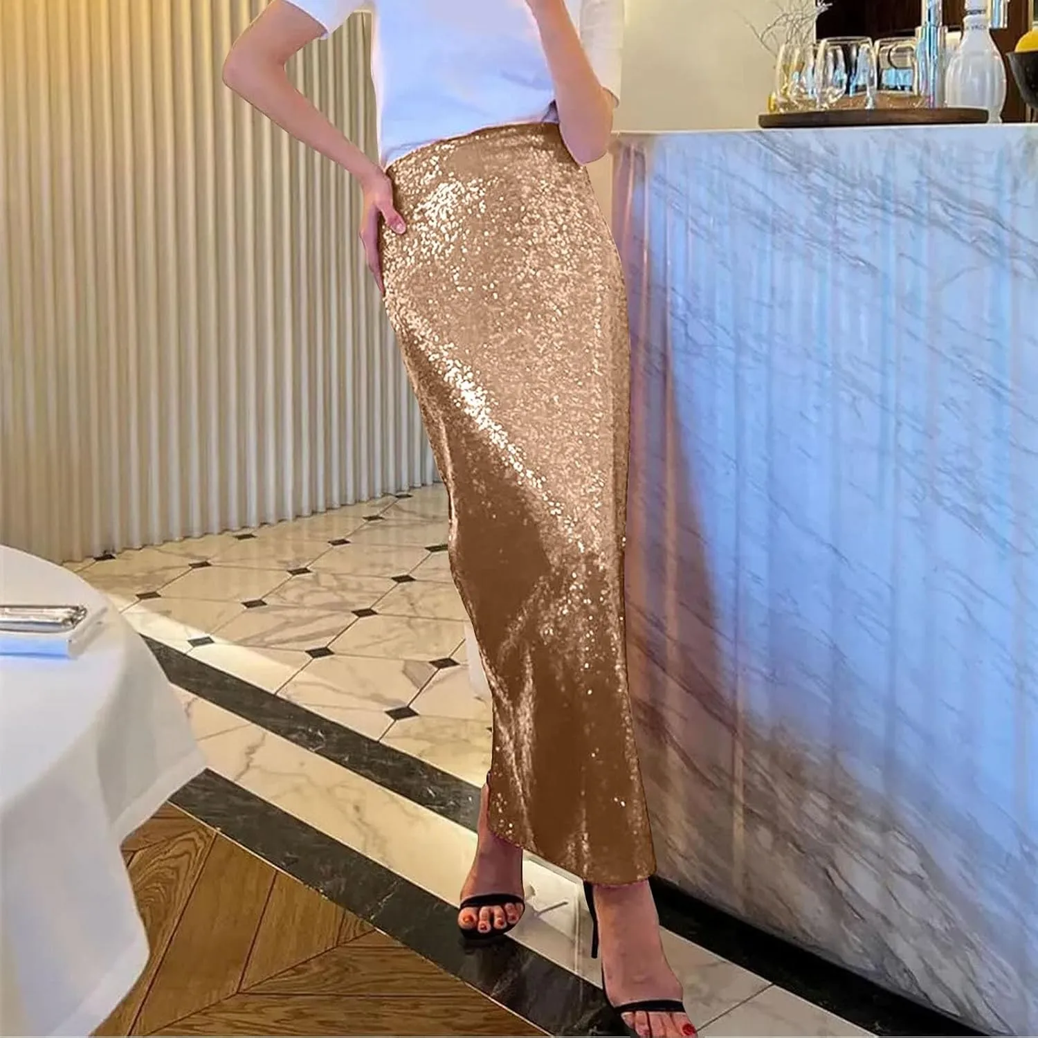 Sequin Skirt for Women-Stretchy Bodycon Women Elastic Waist Elastic Straight Long Skirt Swing A line Holiday Skirts