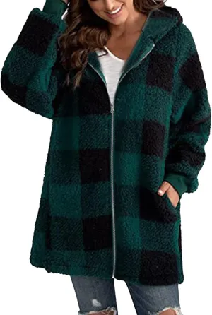 Sherpa Plaid Jackets for Women Fuzzy Fleece Oversized Open Front Hooded Cardigan Full Zip Plush Warm Winter Coats