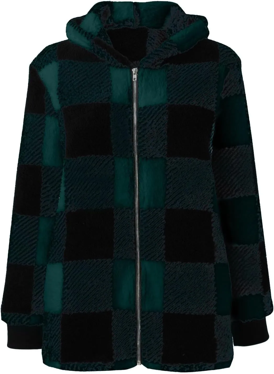 Sherpa Plaid Jackets for Women Fuzzy Fleece Oversized Open Front Hooded Cardigan Full Zip Plush Warm Winter Coats