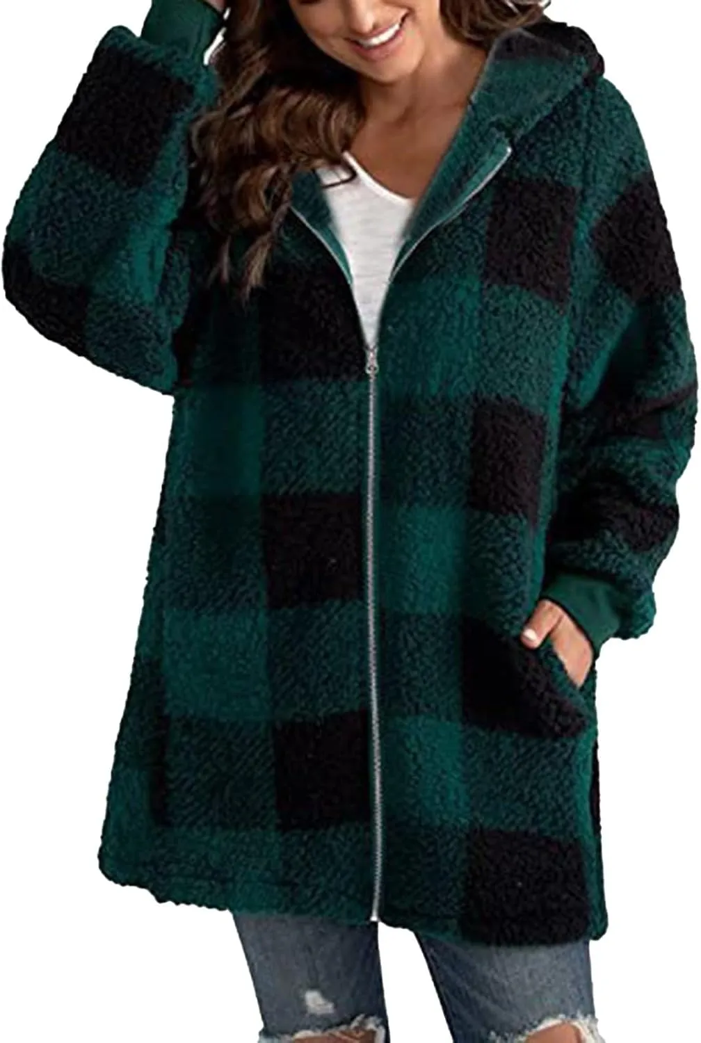Sherpa Plaid Jackets for Women Fuzzy Fleece Oversized Open Front Hooded Cardigan Full Zip Plush Warm Winter Coats
