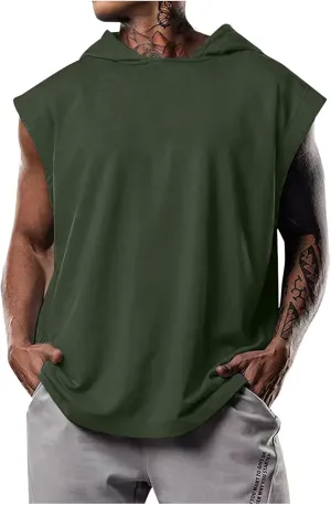 Sleeveless Hoodies for Men Workout Hooded Tank Top Bodybuilding Muscle Cut Off T Shirt Sports Training Gym Hoodies Tops