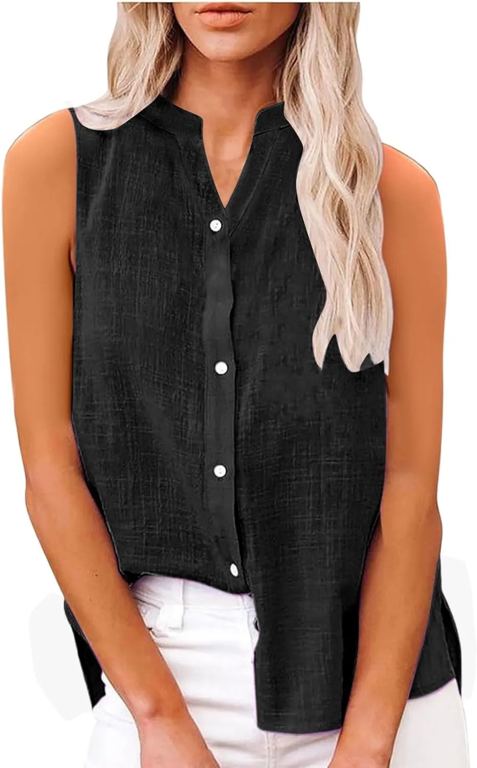 Summer Linen Top for Women Sleeveless Collared Shirt V Neck Loose Going Out Tee Vacation Beach Tunic Casual Blouse