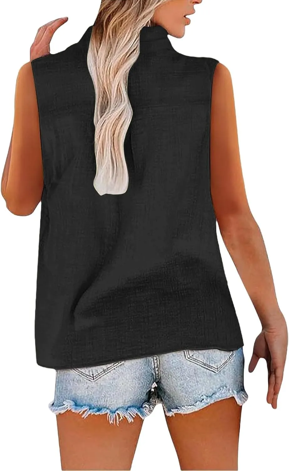 Summer Linen Top for Women Sleeveless Collared Shirt V Neck Loose Going Out Tee Vacation Beach Tunic Casual Blouse