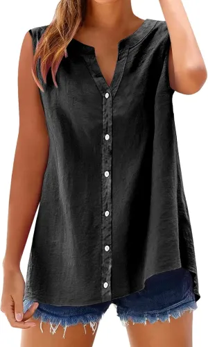 Summer Linen Top for Women Sleeveless Collared Shirt V Neck Loose Going Out Tee Vacation Beach Tunic Casual Blouse