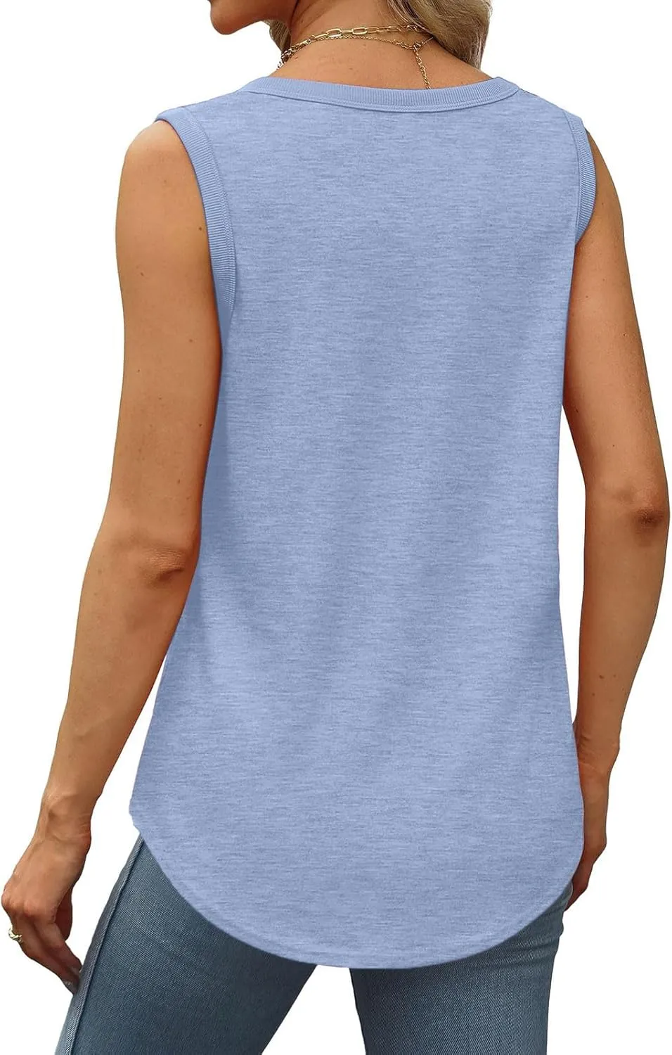 Summer Ribbed Trim Sleeveless T-Shirts for Women Casual Crewneck Tunic Tops Curved Hem Flowy Loose Fit Tanks Shirts
