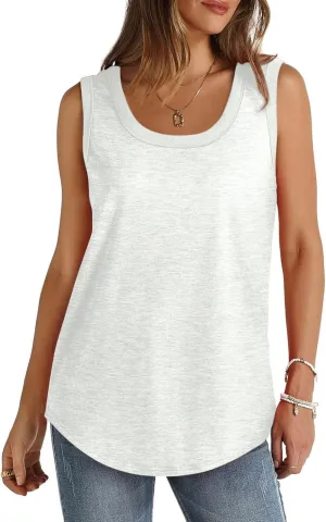 Summer Ribbed Trim Sleeveless T-Shirts for Women Casual Crewneck Tunic Tops Curved Hem Flowy Loose Fit Tanks Shirts