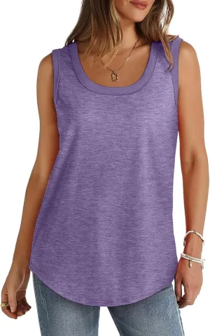 Summer Ribbed Trim Sleeveless T-Shirts for Women Casual Crewneck Tunic Tops Curved Hem Flowy Loose Fit Tanks Shirts