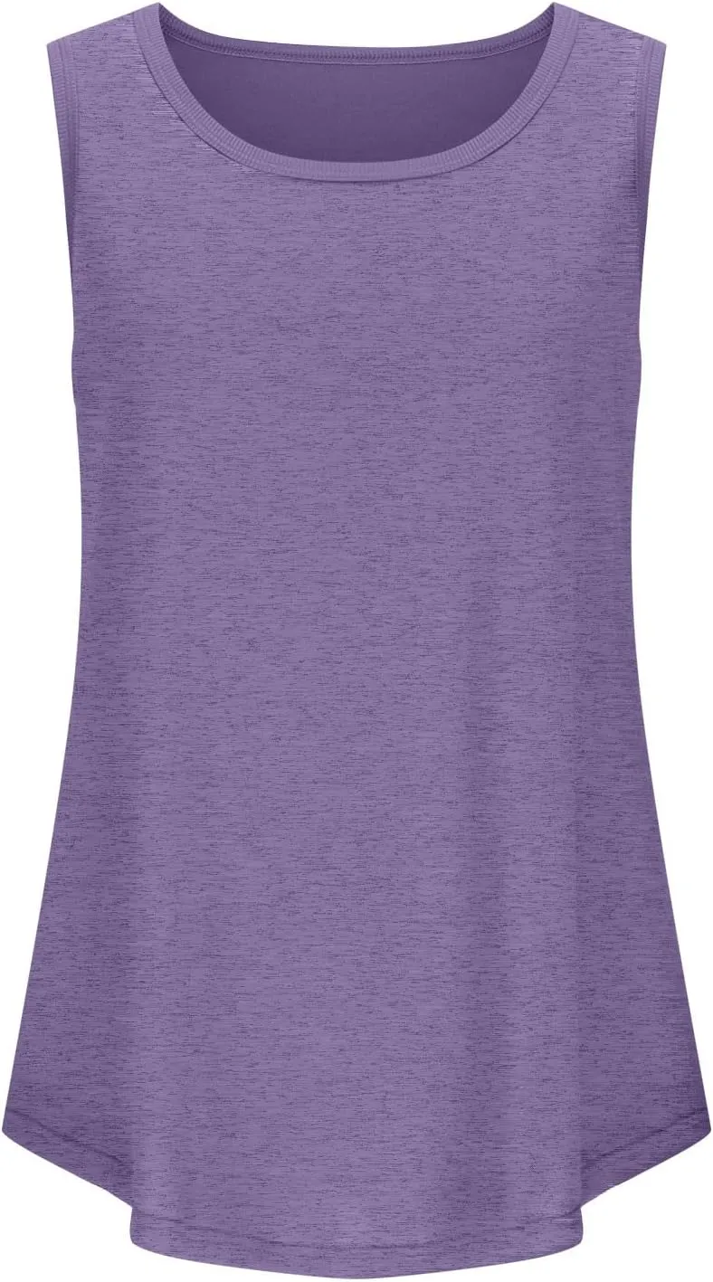 Summer Ribbed Trim Sleeveless T-Shirts for Women Casual Crewneck Tunic Tops Curved Hem Flowy Loose Fit Tanks Shirts