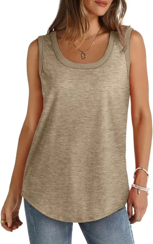 Summer Ribbed Trim Sleeveless T-Shirts for Women Casual Crewneck Tunic Tops Curved Hem Flowy Loose Fit Tanks Shirts