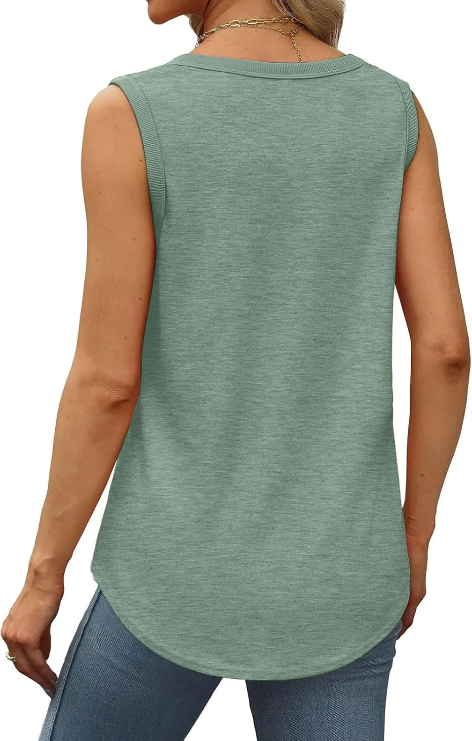 Summer Ribbed Trim Sleeveless T-Shirts for Women Casual Crewneck Tunic Tops Curved Hem Flowy Loose Fit Tanks Shirts