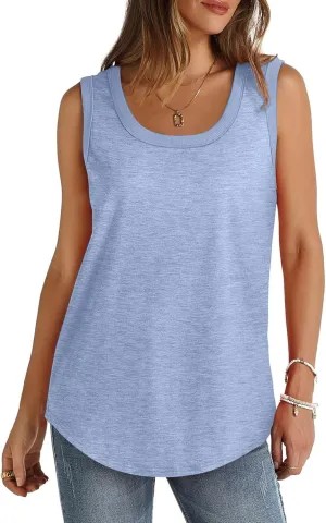 Summer Ribbed Trim Sleeveless T-Shirts for Women Casual Crewneck Tunic Tops Curved Hem Flowy Loose Fit Tanks Shirts