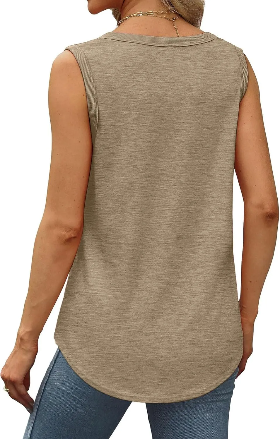 Summer Ribbed Trim Sleeveless T-Shirts for Women Casual Crewneck Tunic Tops Curved Hem Flowy Loose Fit Tanks Shirts
