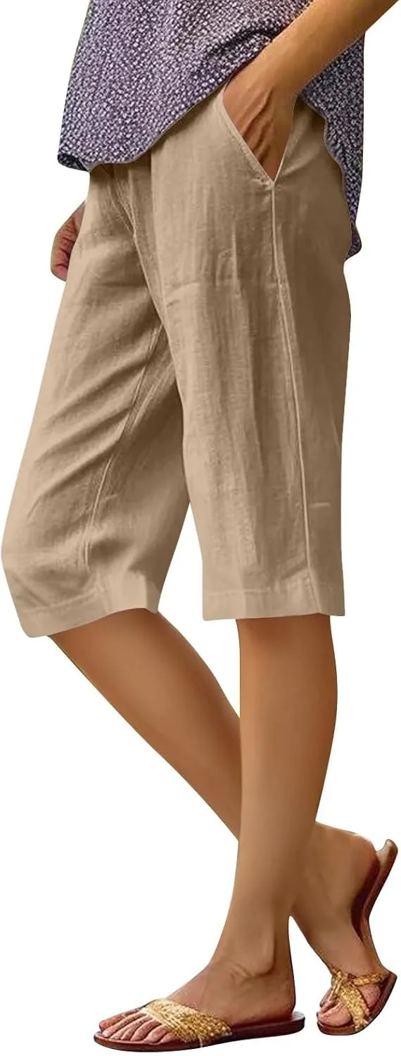 Summer Shorts for Women Elastic High Waisted Linen Pedal Pushers with Pockets Business Casual Cropped Work Pants