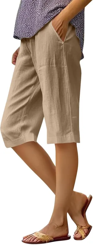Summer Shorts for Women Elastic High Waisted Linen Pedal Pushers with Pockets Business Casual Cropped Work Pants