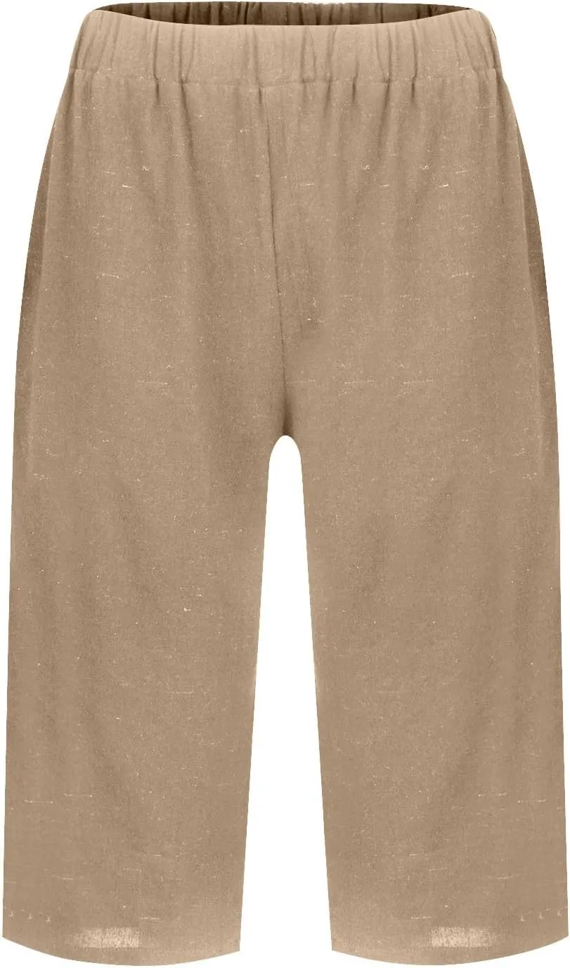 Summer Shorts for Women Elastic High Waisted Linen Pedal Pushers with Pockets Business Casual Cropped Work Pants