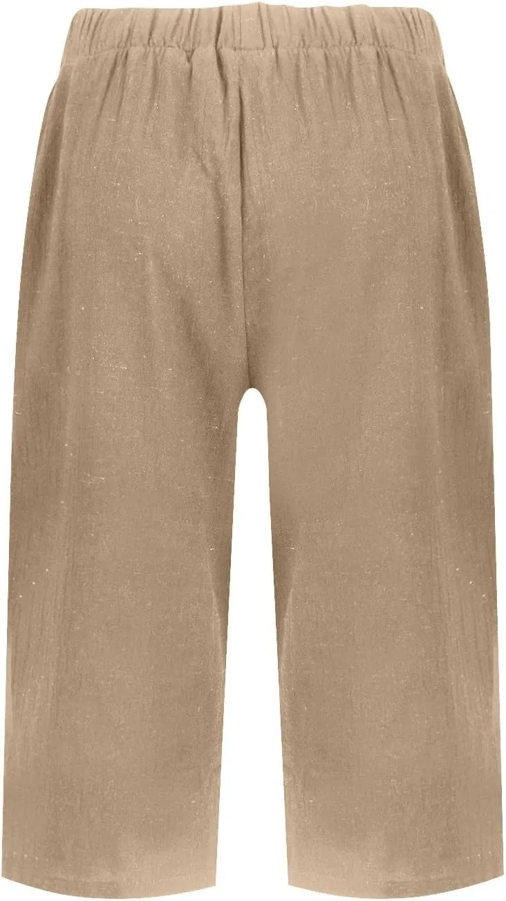 Summer Shorts for Women Elastic High Waisted Linen Pedal Pushers with Pockets Business Casual Cropped Work Pants