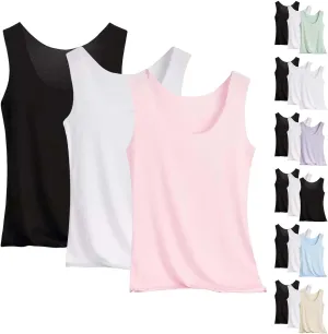 Summer Tank Tops for Women 3pcs Loose Fit Pleated Square Neck Sleeveless Tops Curved Hem Flowy