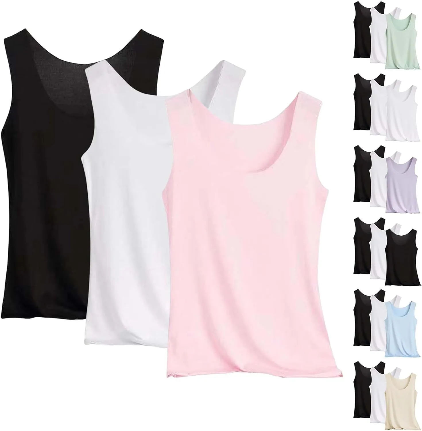 Summer Tank Tops for Women 3pcs Loose Fit Pleated Square Neck Sleeveless Tops Curved Hem Flowy
