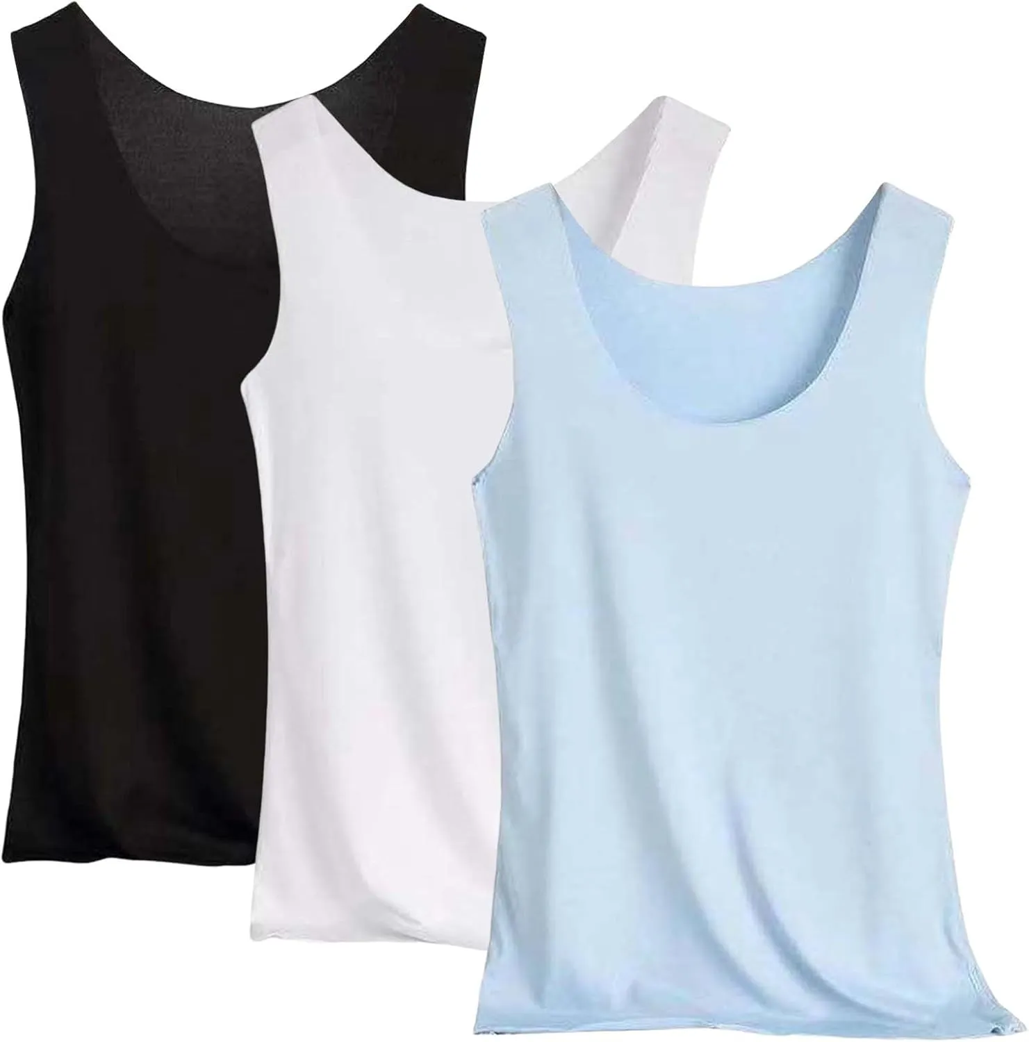 Summer Tank Tops for Women 3pcs Loose Fit Pleated Square Neck Sleeveless Tops Curved Hem Flowy